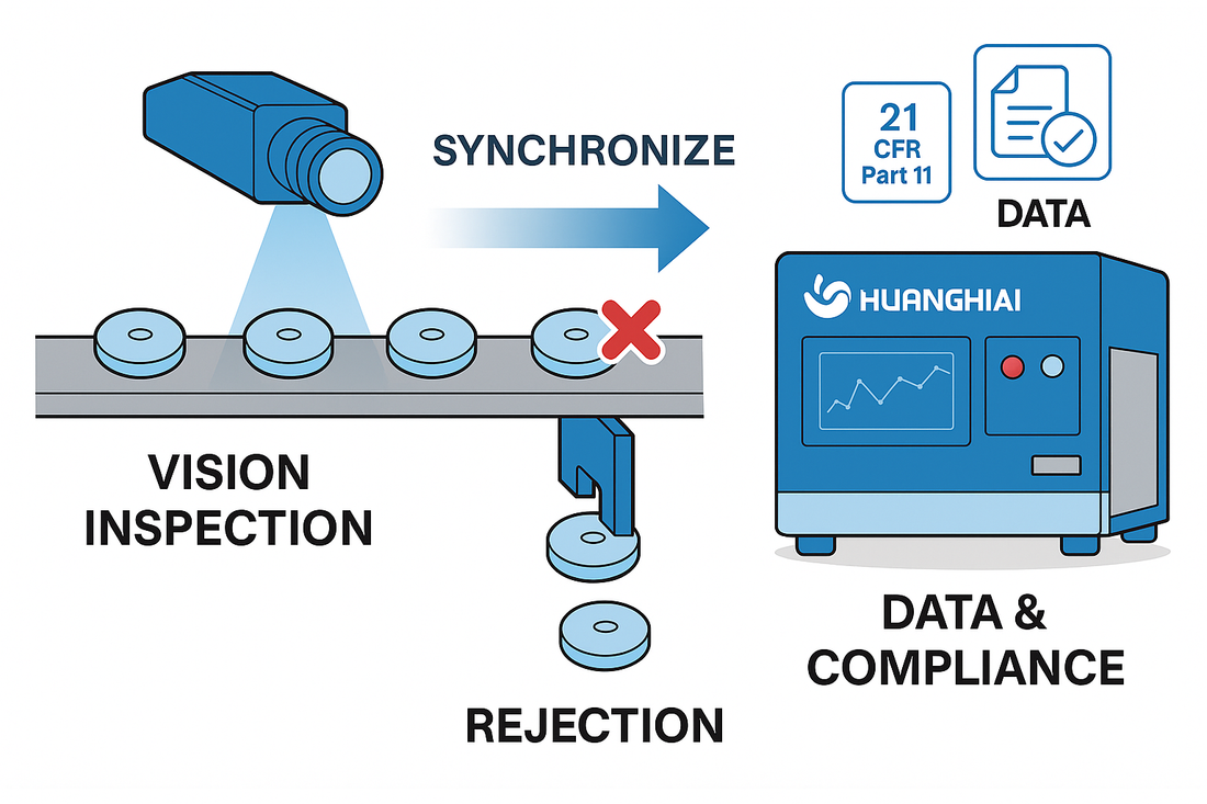 Flat infographic of a pharma vision inspection cell synchronized with conveyor and precision rejection gates, generating structured audit-ready data