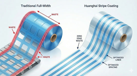 Huanghai Stripe Coating vs. Traditional Method: 3D infographic comparing traditional full-width film with square punch-out waste against Huanghai's 6-stripe precision coating with zero edge waste for pharmaceutical manufacturing.