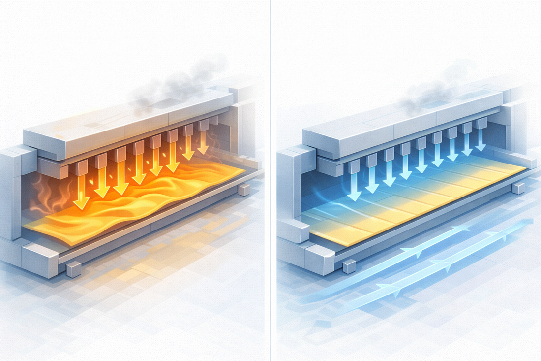 split illustration comparing vertical oven-style airflow that wrinkles an ODF wet film with parallel hot-air drying that keeps the film flat and uniform in a drying tunnel.
