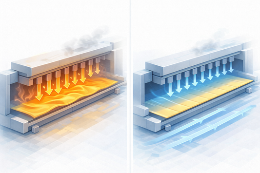 split illustration comparing vertical oven-style airflow that wrinkles an ODF wet film with parallel hot-air drying that keeps the film flat and uniform in a drying tunnel.